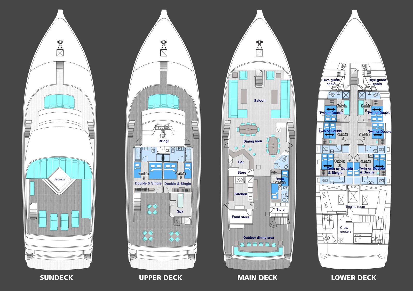Honors Legacy deck layouts — Sundeck, Upper Deck, Main Deck, Lower Deck
