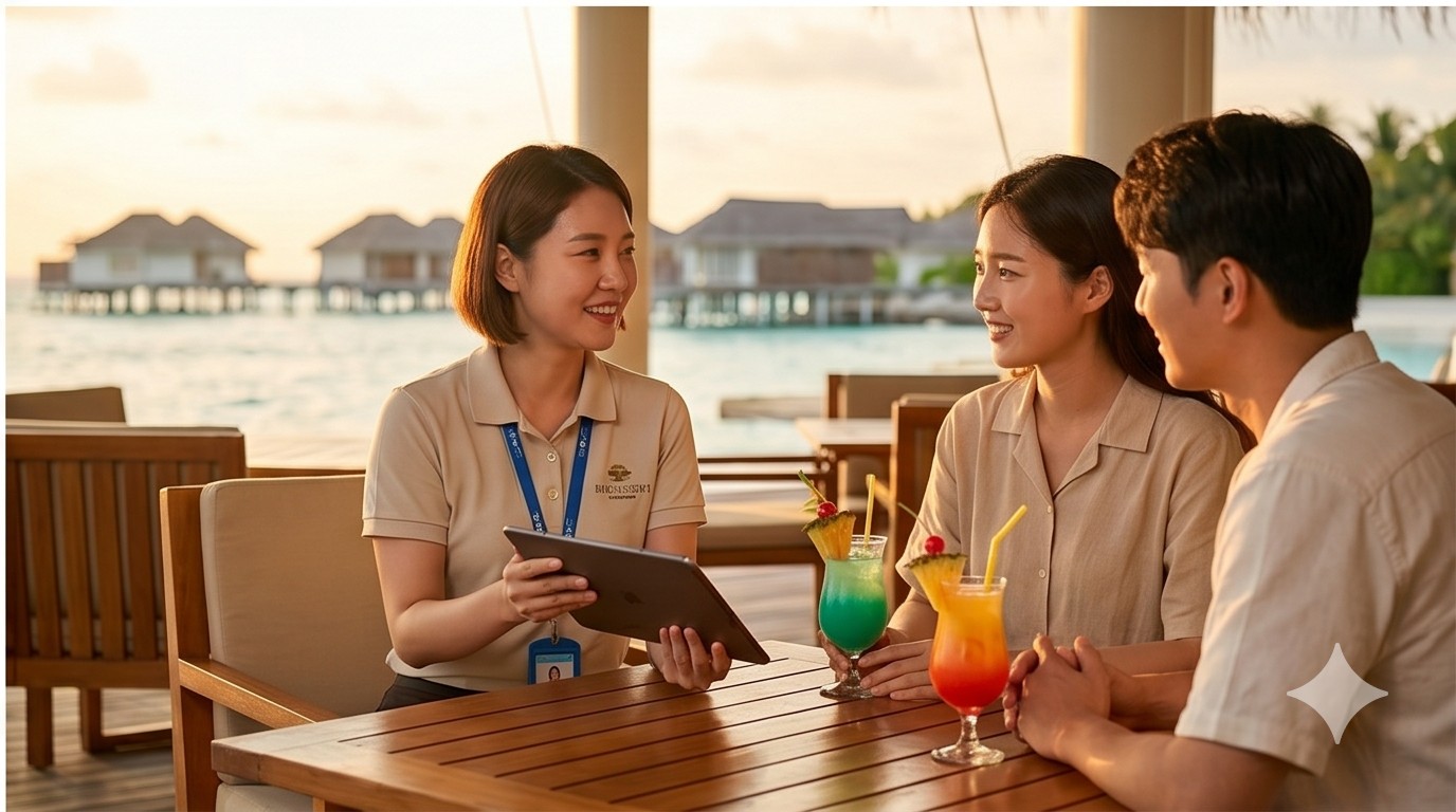 리조트에서 한국인 직원이 고객 일정을 안내하는 모습