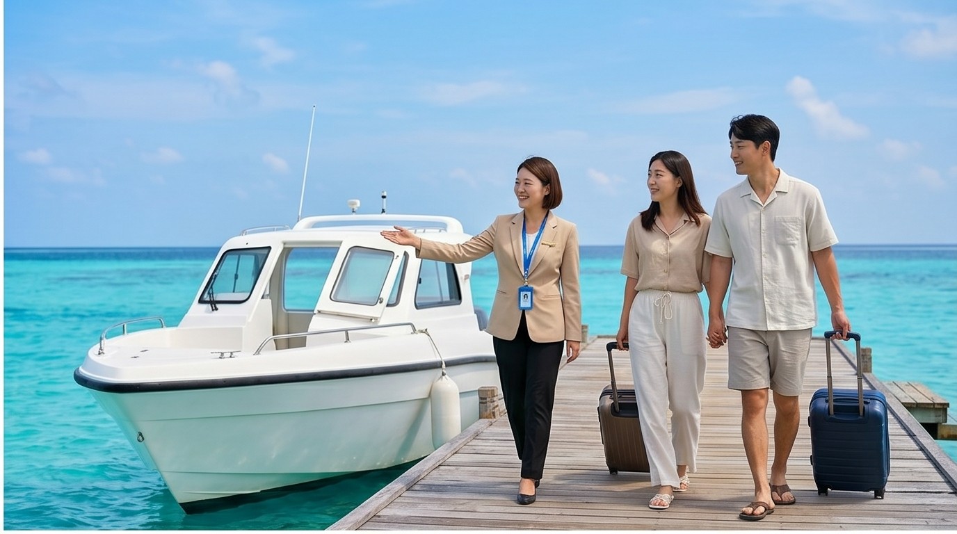 선착장에서 스피드보트로 안내하는 직원과 고객